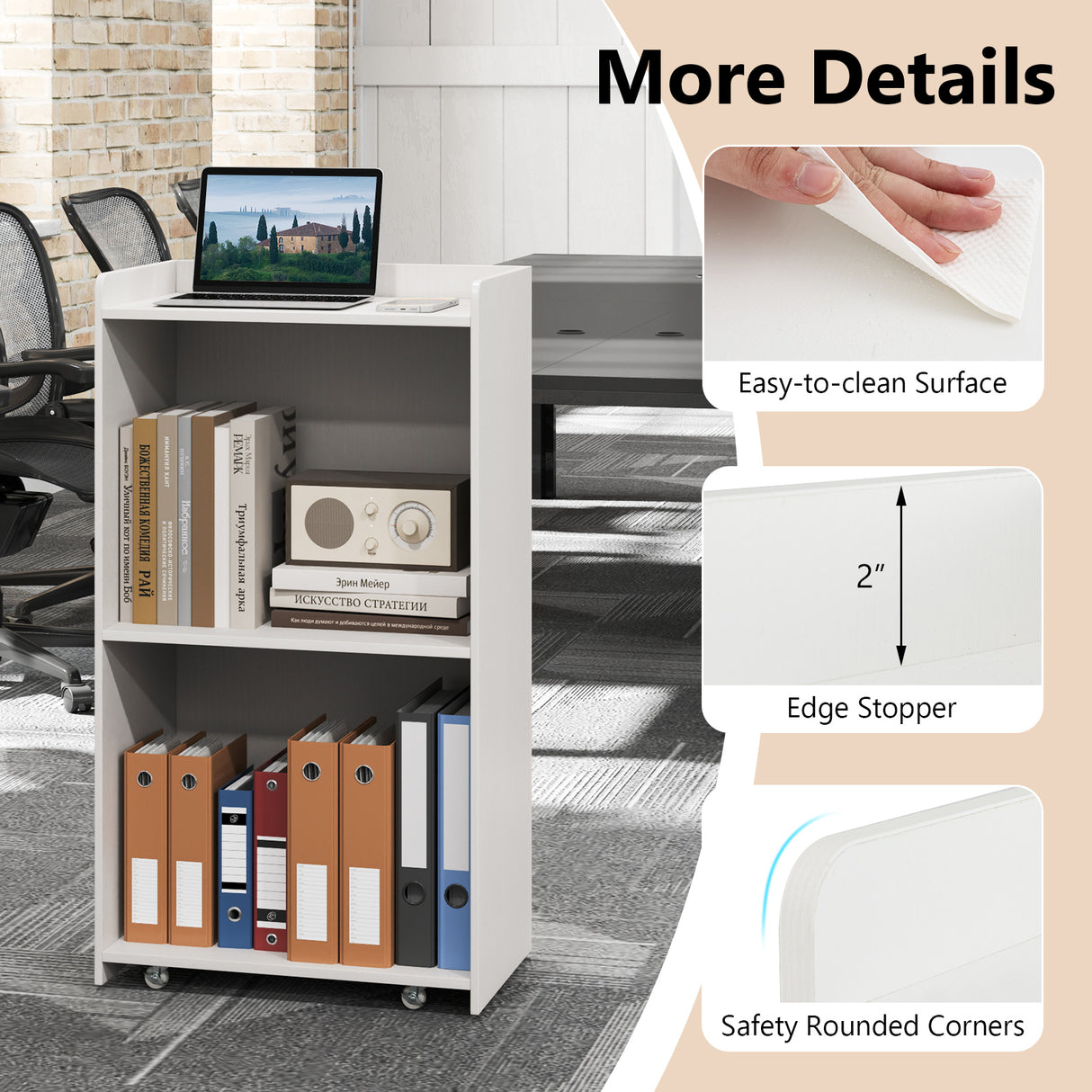 Rolling Podium Stand with 2 Shelves and Lockable Wheels