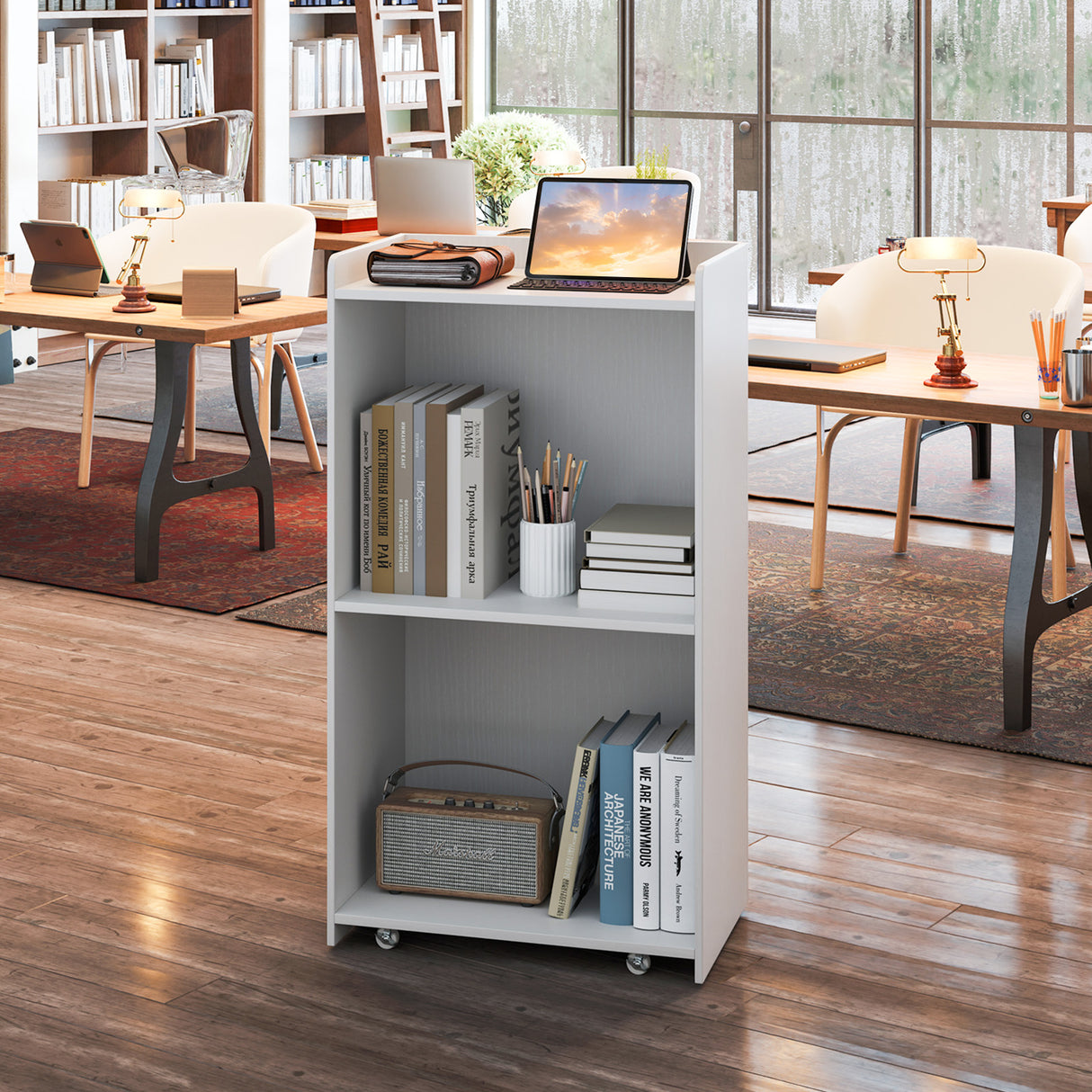 Rolling Podium Stand with 2 Shelves and Lockable Wheels