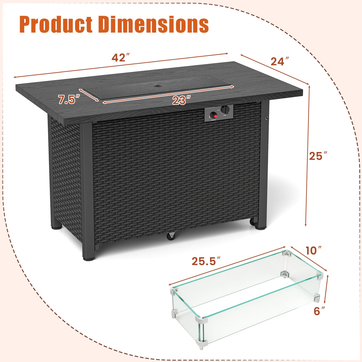 50000 BTU 2 Inch ropane Gas Fire Pit Table with Wind Guard and Glass Rocks