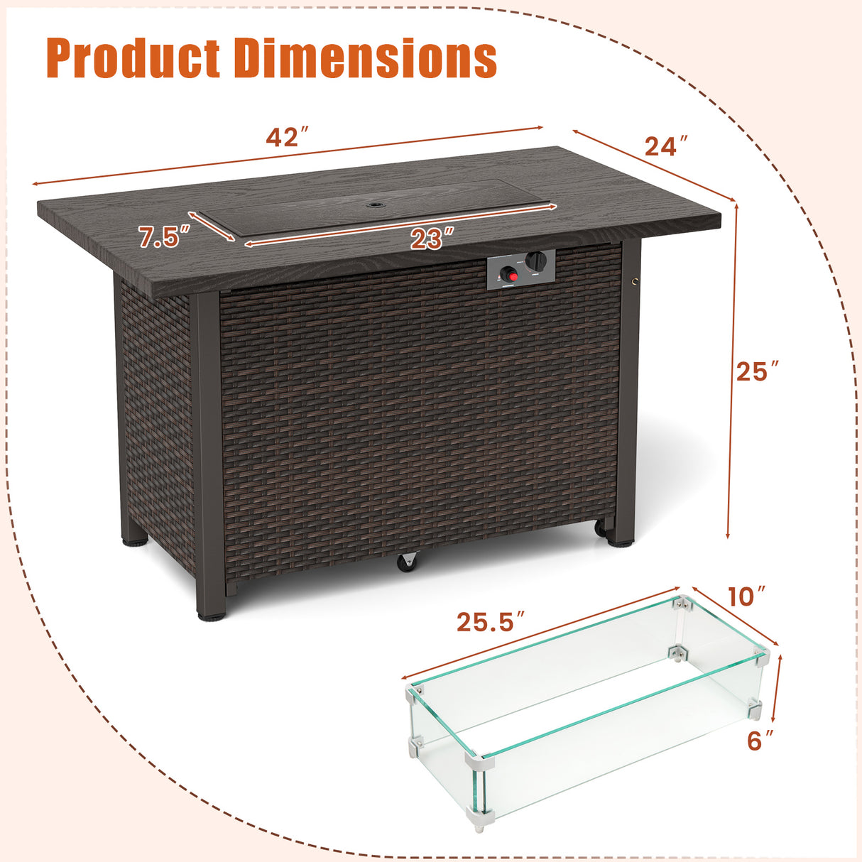 50000 BTU 2 Inch ropane Gas Fire Pit Table with Wind Guard and Glass Rocks