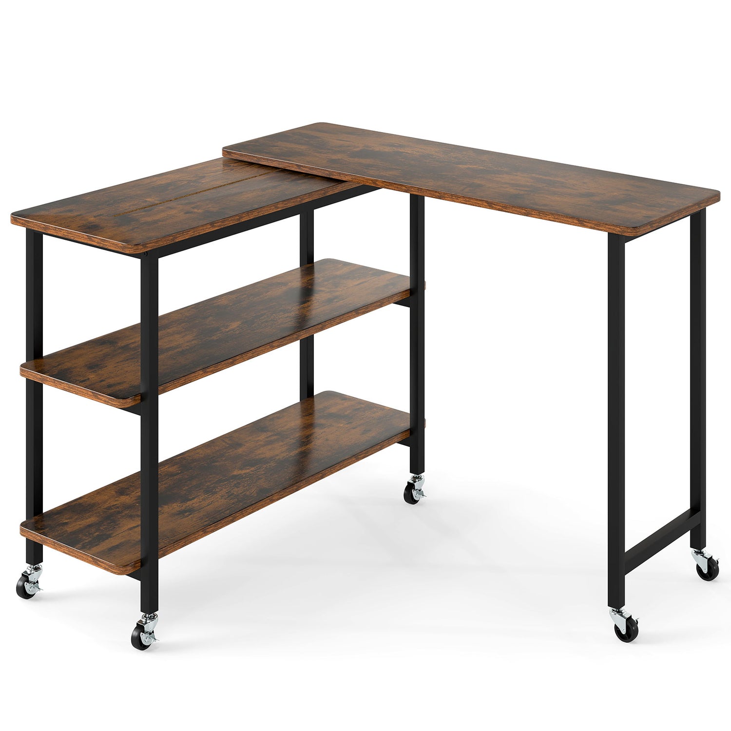 360° Rotating Sofa Side Table with Storage Shelves and Wheels