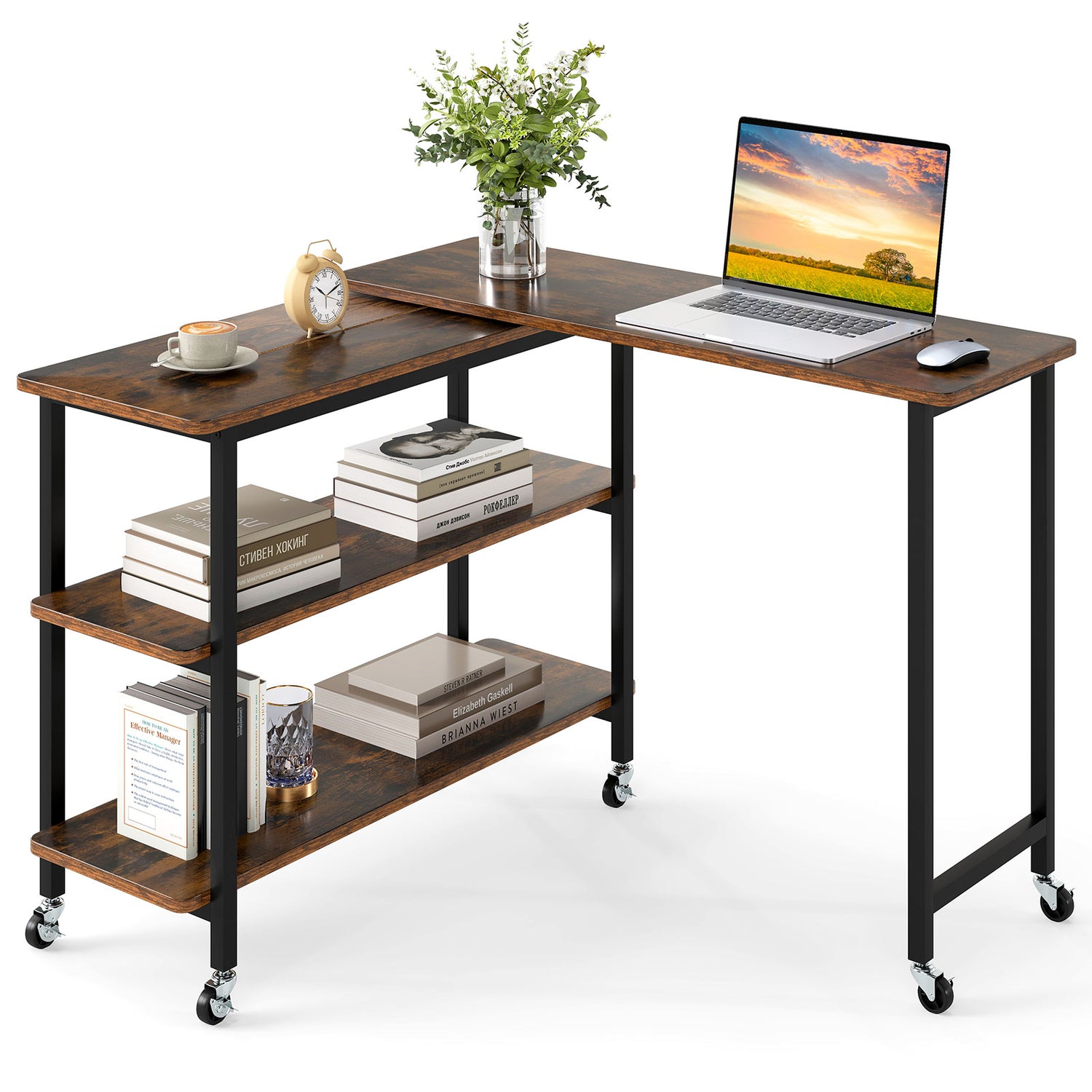 360° Rotating Sofa Side Table with Storage Shelves and Wheels