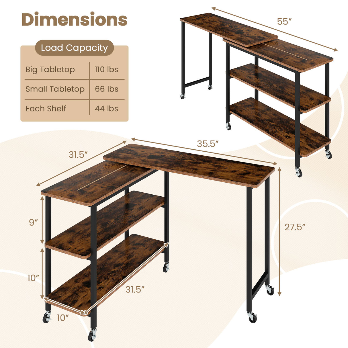 360° Rotating Sofa Side Table with Storage Shelves and Wheels