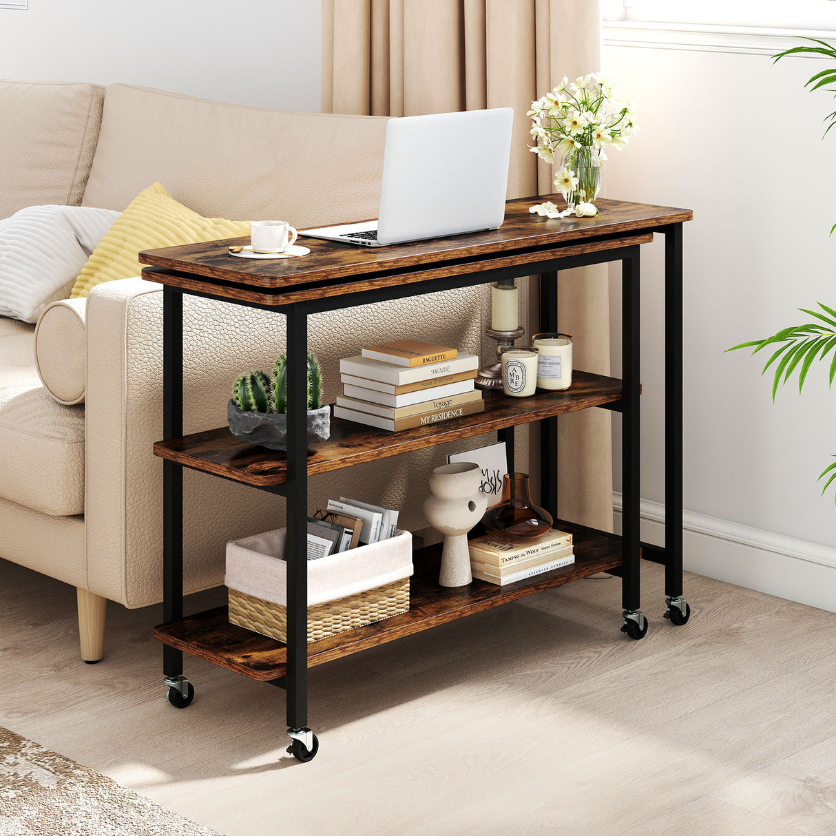 360° Rotating Sofa Side Table with Storage Shelves and Wheels