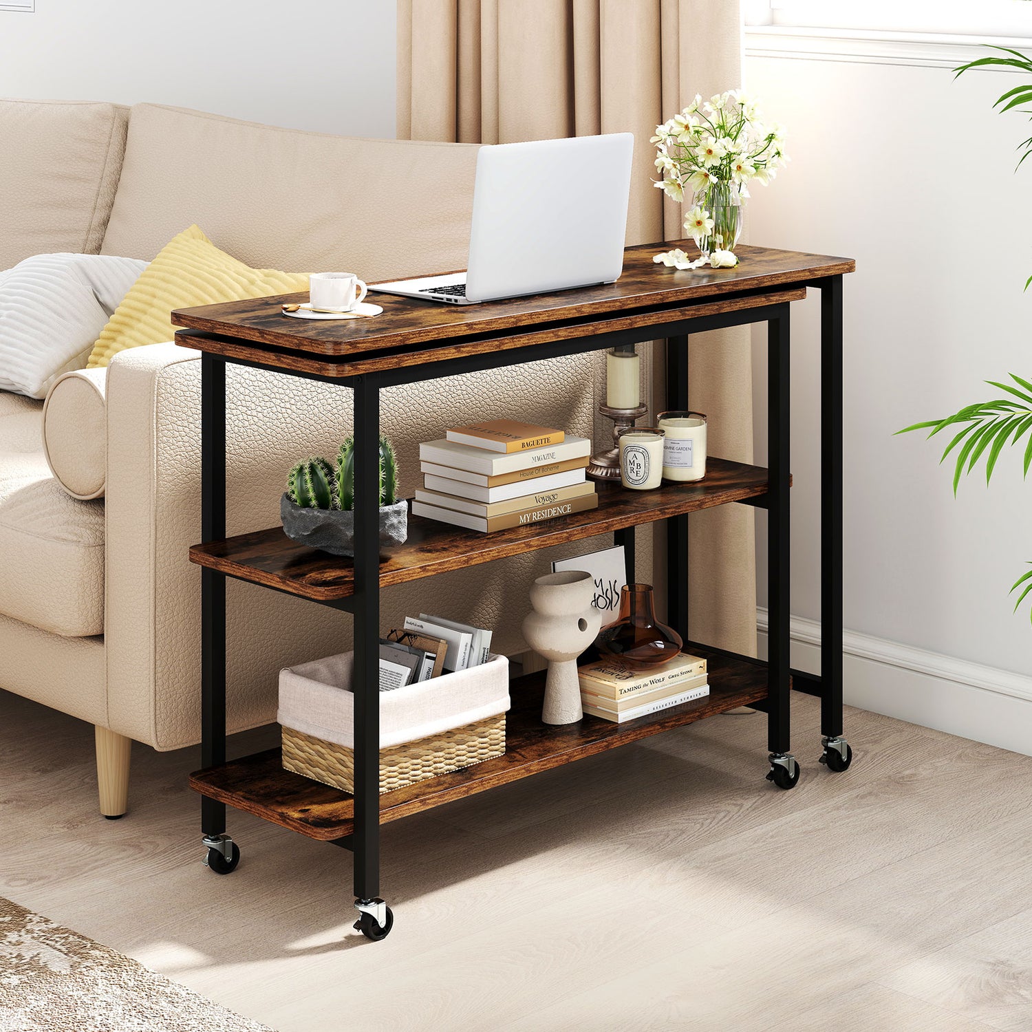 360° Rotating Sofa Side Table with Storage Shelves and Wheels