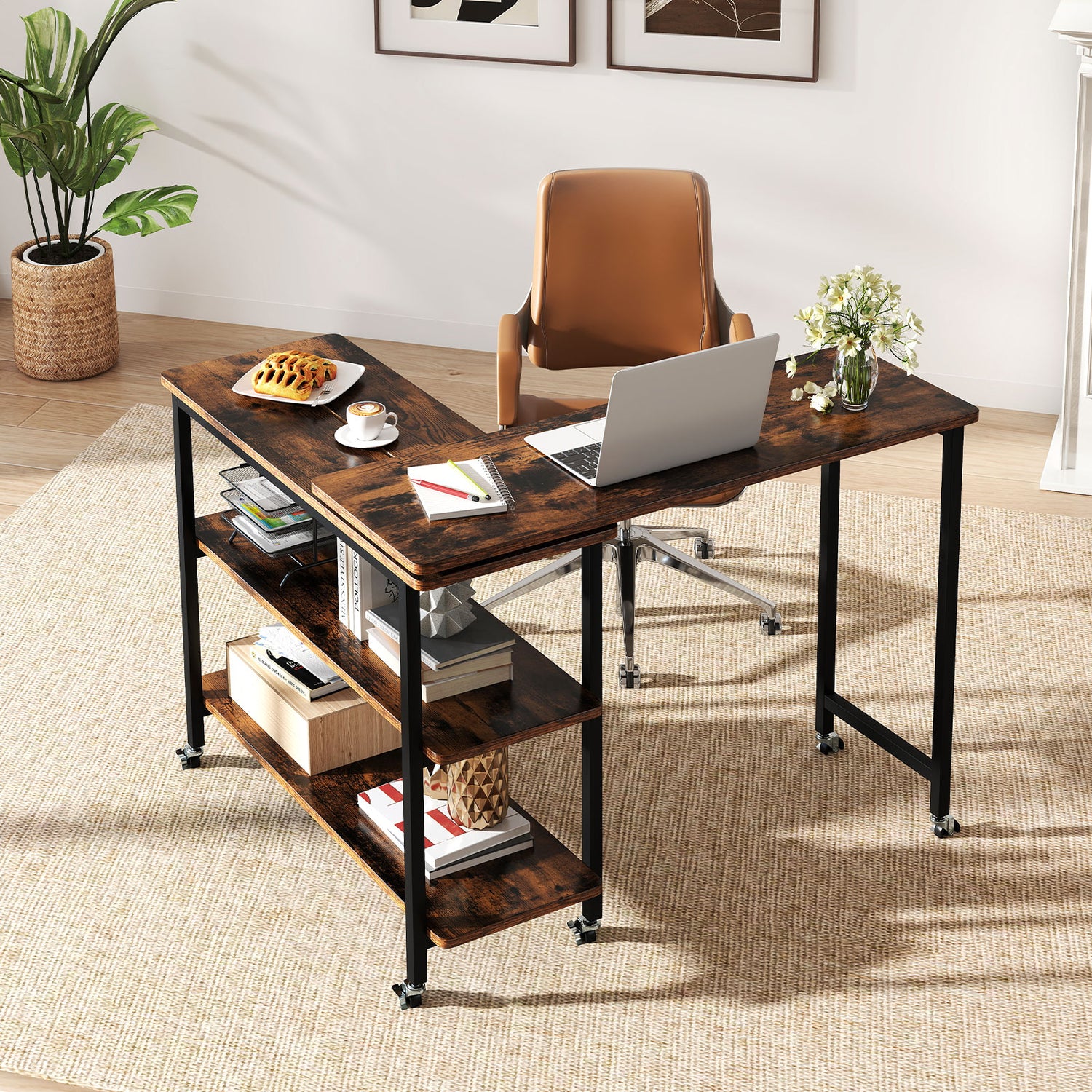 360° Rotating Sofa Side Table with Storage Shelves and Wheels