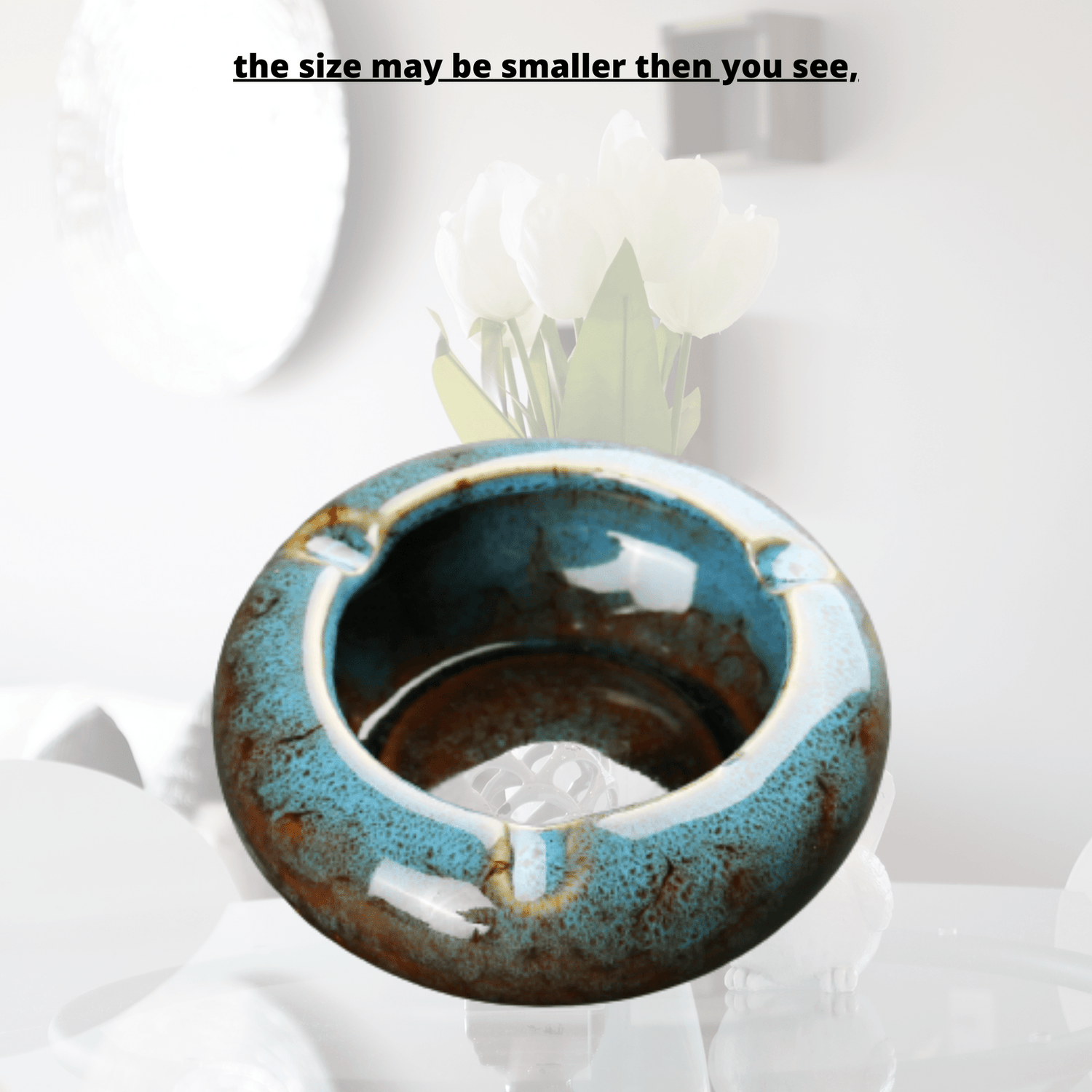 Round Glossy Ceramic Ashtrays + Flameless Lighter (BLUISH)