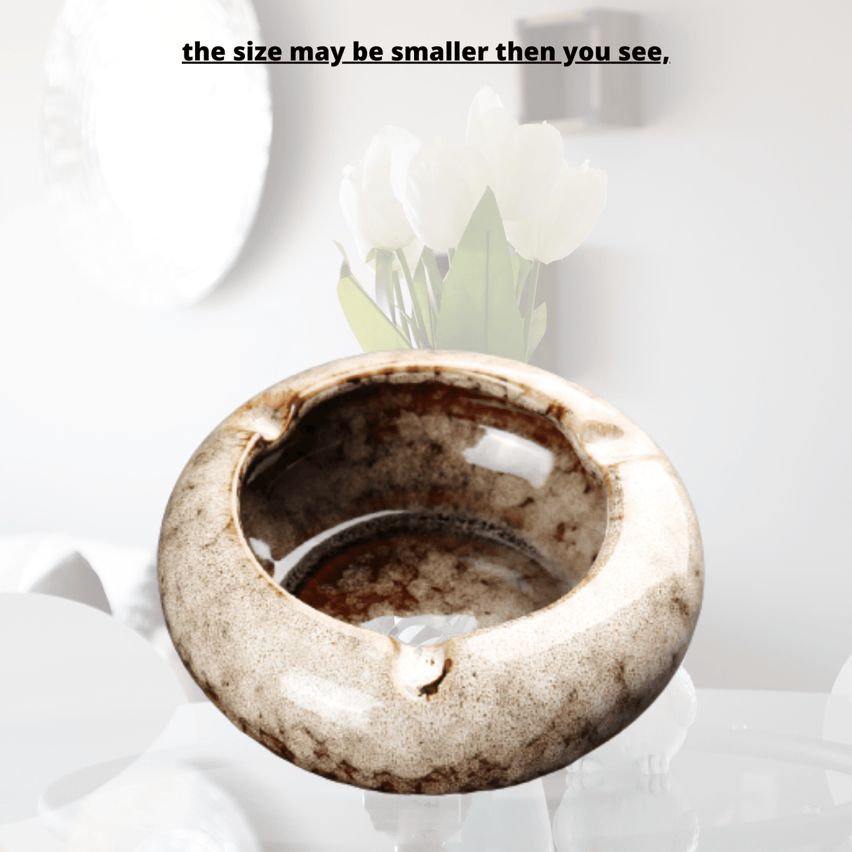 Round Glossy Ceramic Ashtrays + Flameless Lighter (WHITISH)