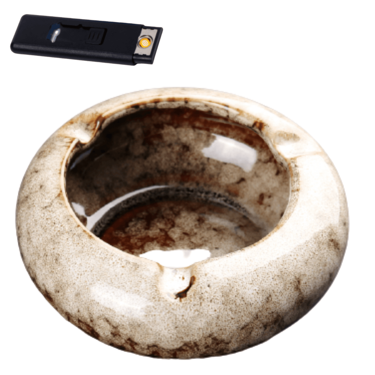 Round Glossy Ceramic Ashtrays + Flameless Lighter (WHITISH)