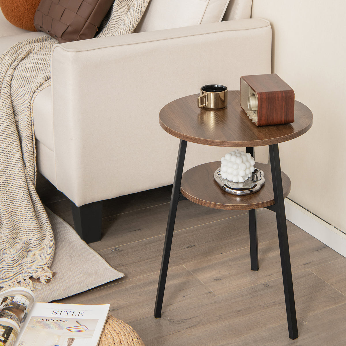 2-Tier Round End Table Set of 2 with Open Shelf and Triangular Metal Frame-Walnut