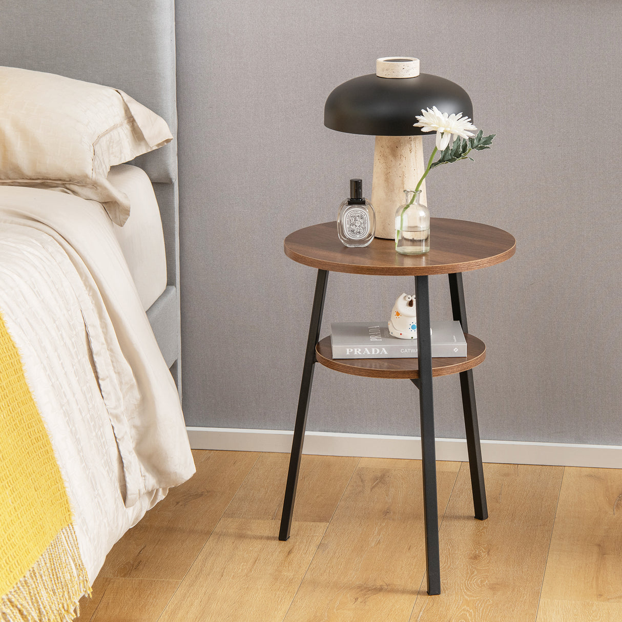 2-Tier Round End Table Set of 2 with Open Shelf and Triangular Metal Frame-Walnut