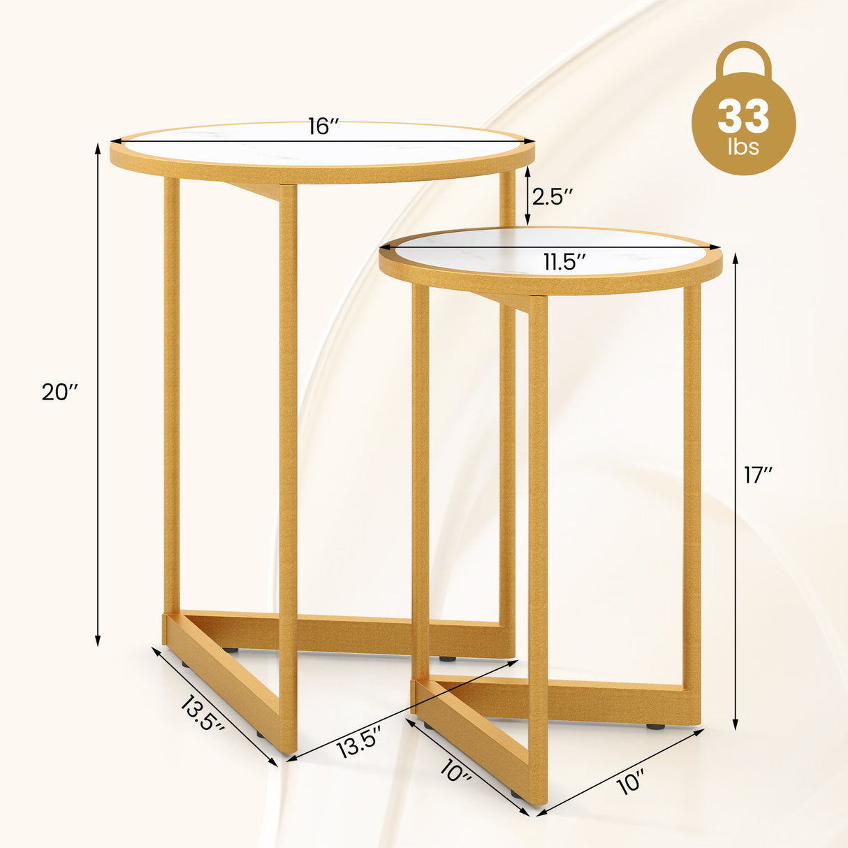Round Nesting Table Set of 2 with Marble-like Tabletop-White