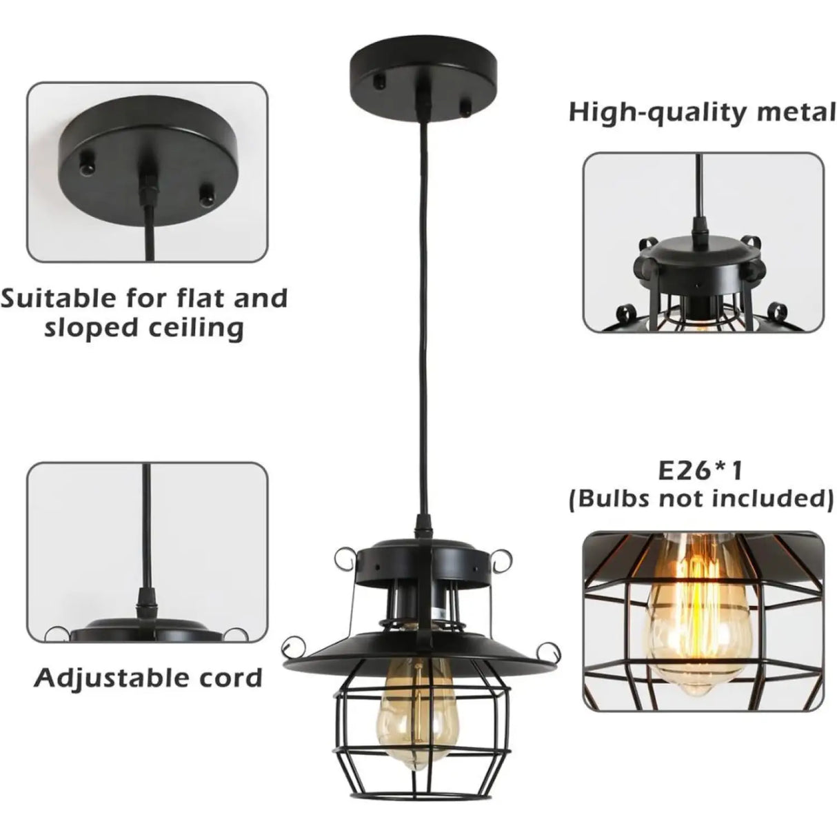 Rustic Black Pendant Light for Island with Adjustable Cage Design