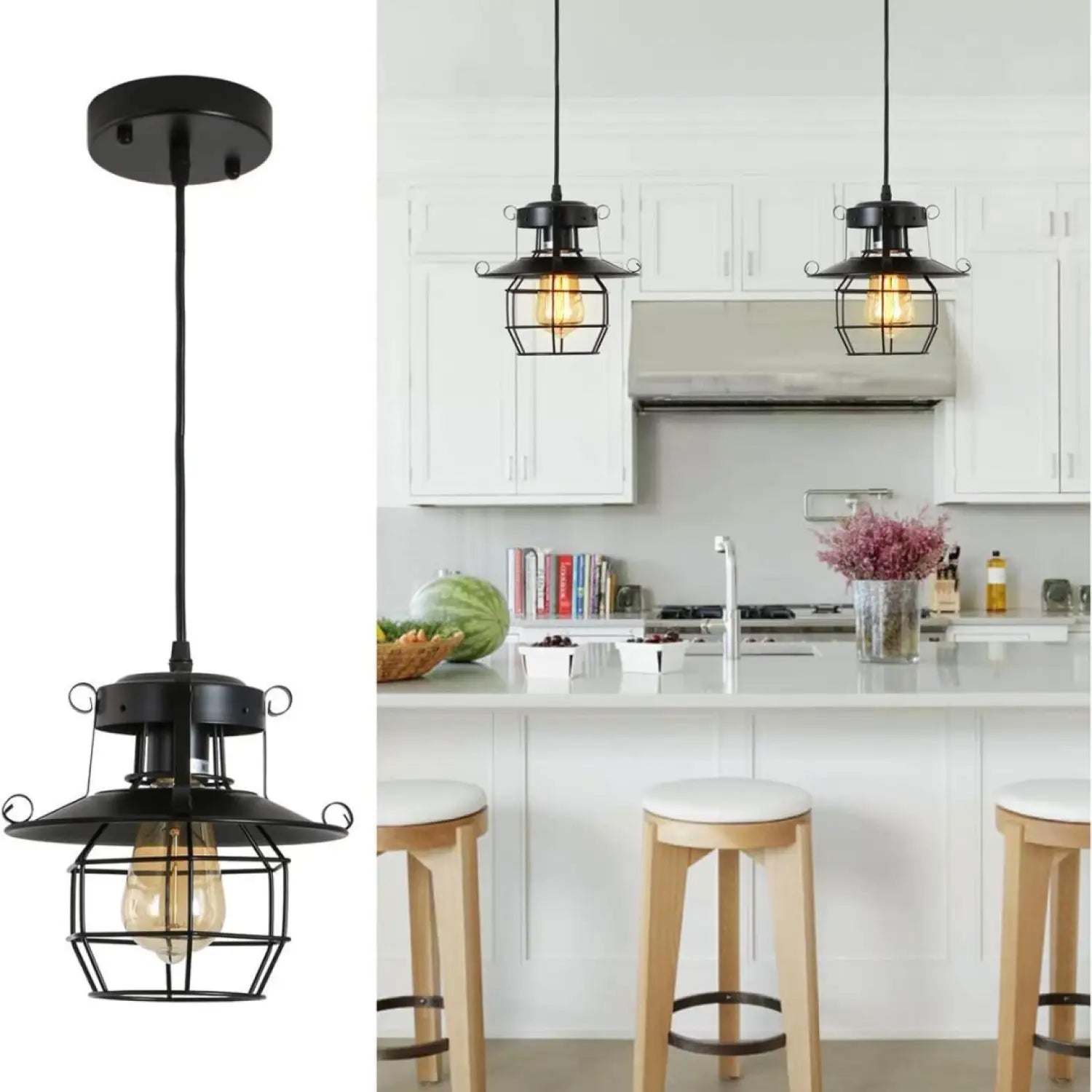 Rustic Black Pendant Light for Island with Adjustable Cage Design