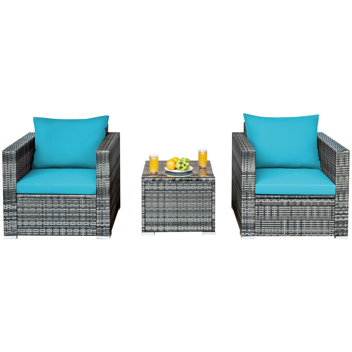 3 Pcs Patio Rattan Furniture Bistro Sofa Set with Cushioned