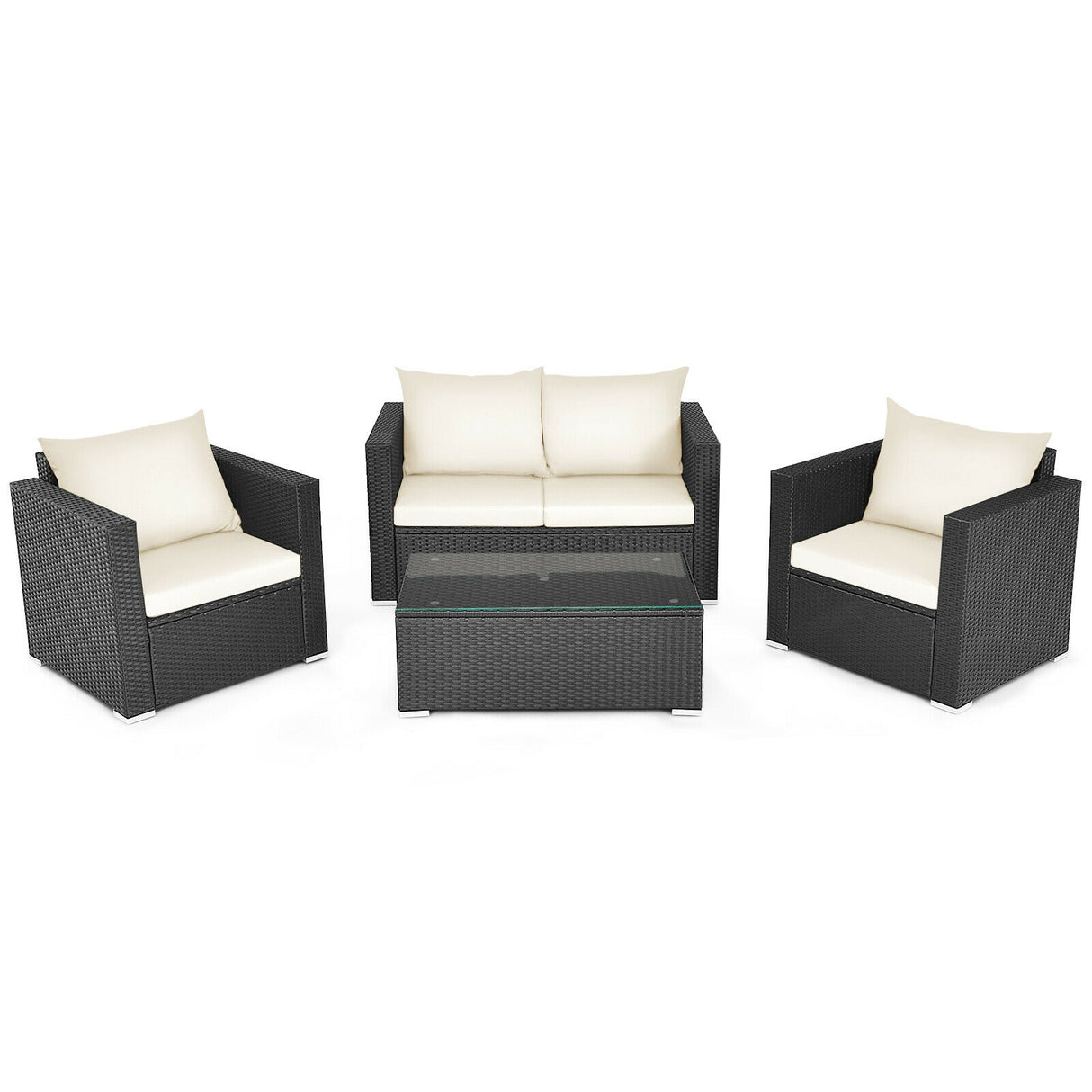 4 Pieces Patio Rattan Conversation Set with Cushions and Coffee Table