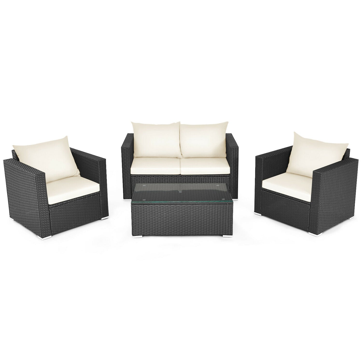 4 Pieces Patio Rattan Conversation Set with Cushions and Coffee Table
