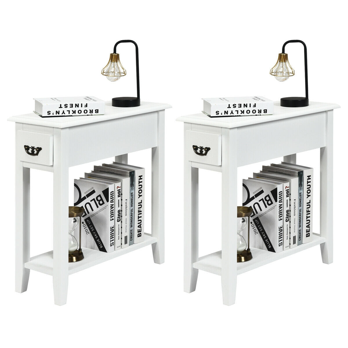 2 Pieces 2 Tier Sofa Side End Table with Drawer and Open Shelf