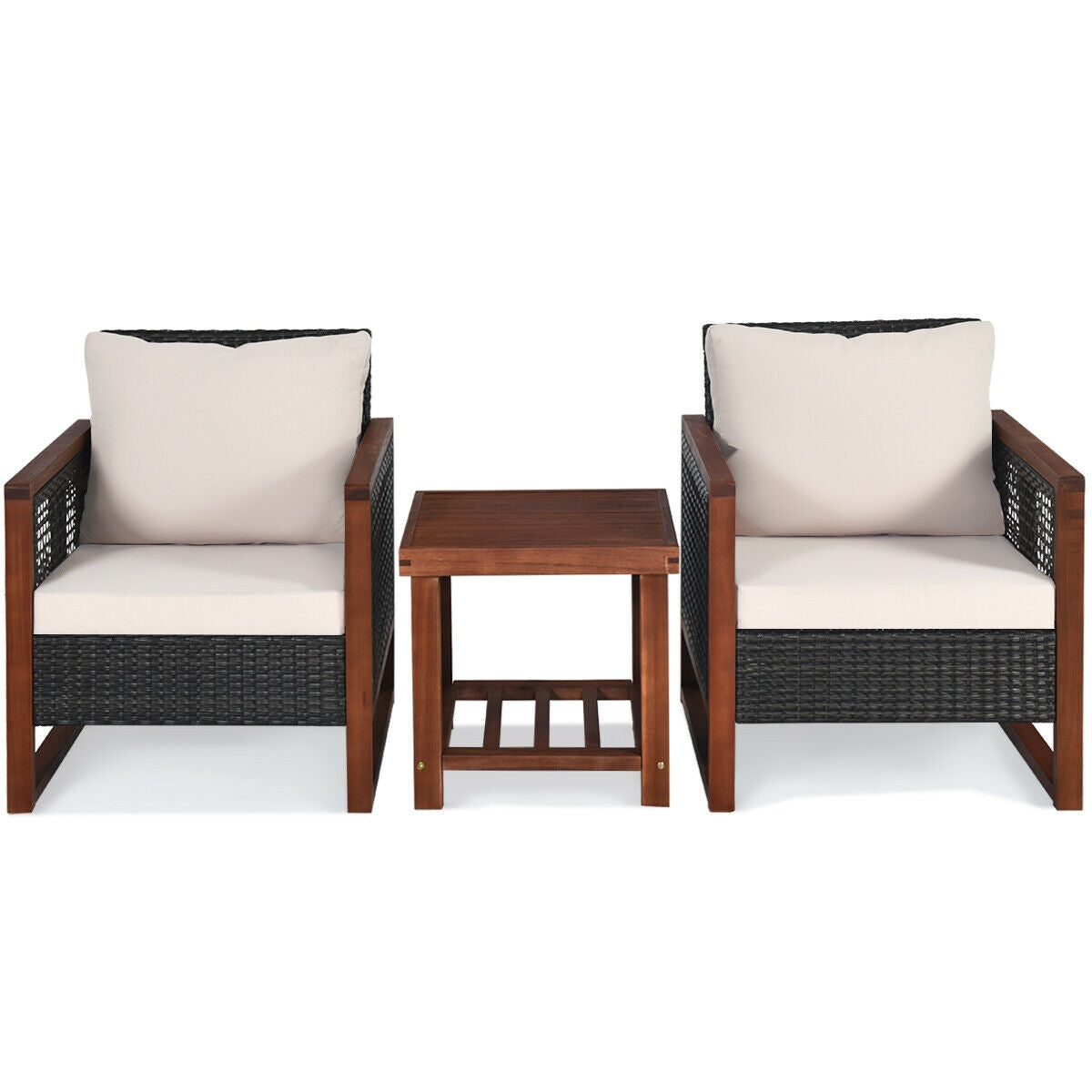 3 Pieces Patio Wicker Furniture Set with Washable Cushion and Acacia Wood Coffee Table
