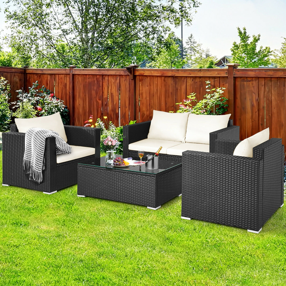 4 Pieces Patio Rattan Conversation Set with Cushions and Coffee Table