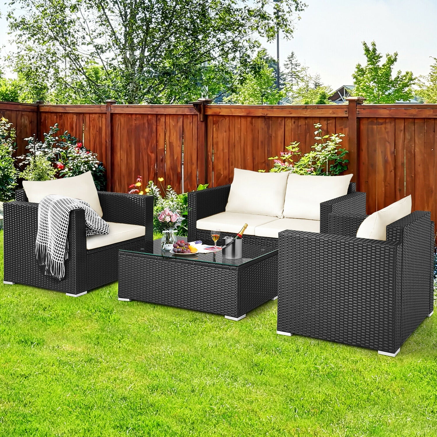 4 Pieces Patio Rattan Conversation Set with Cushions and Coffee Table