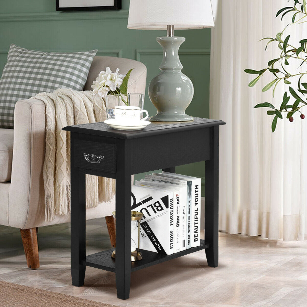 2 Pieces 2 Tier Sofa Side End Table with Drawer and Open Shelf