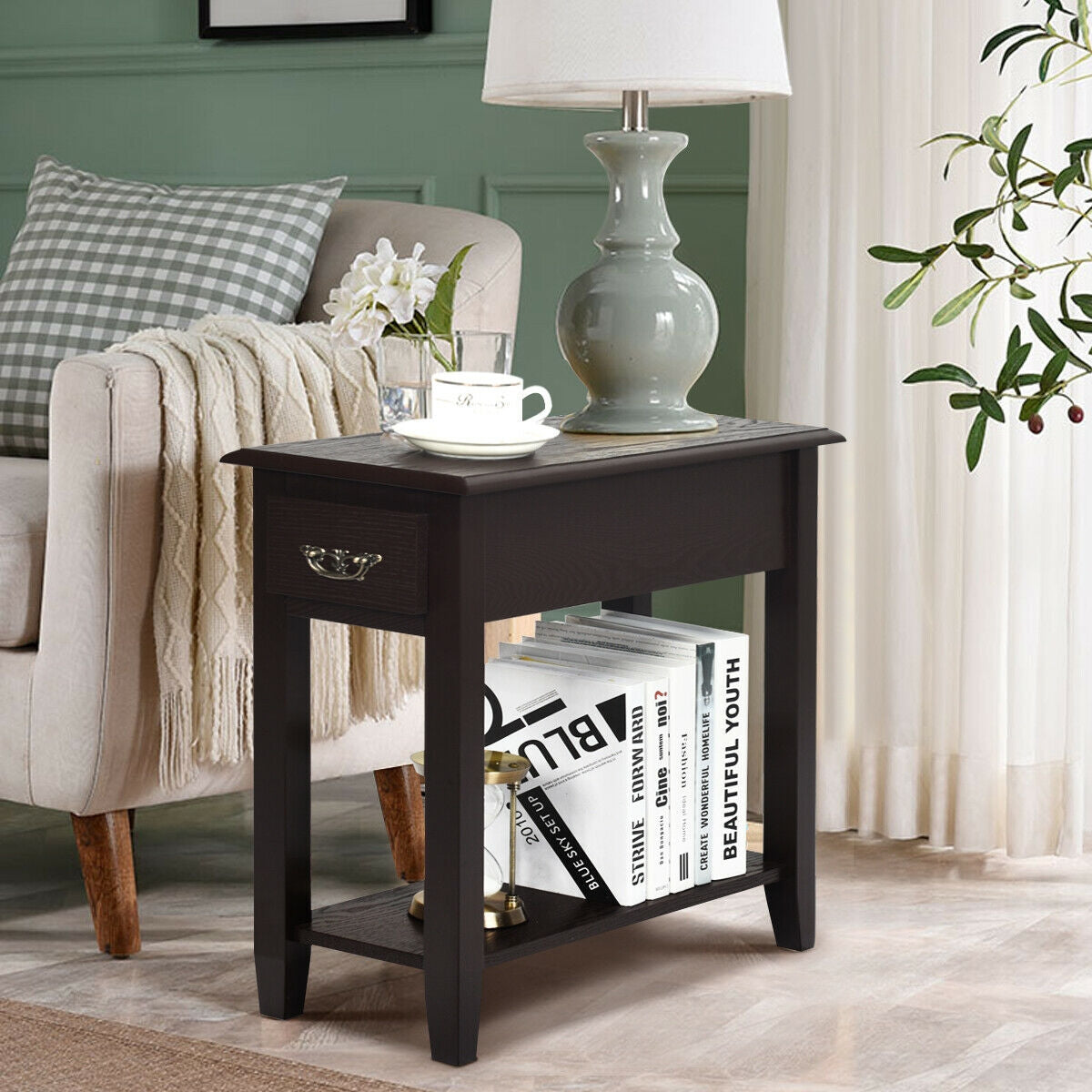 2 Pieces 2 Tier Sofa Side End Table with Drawer and Open Shelf