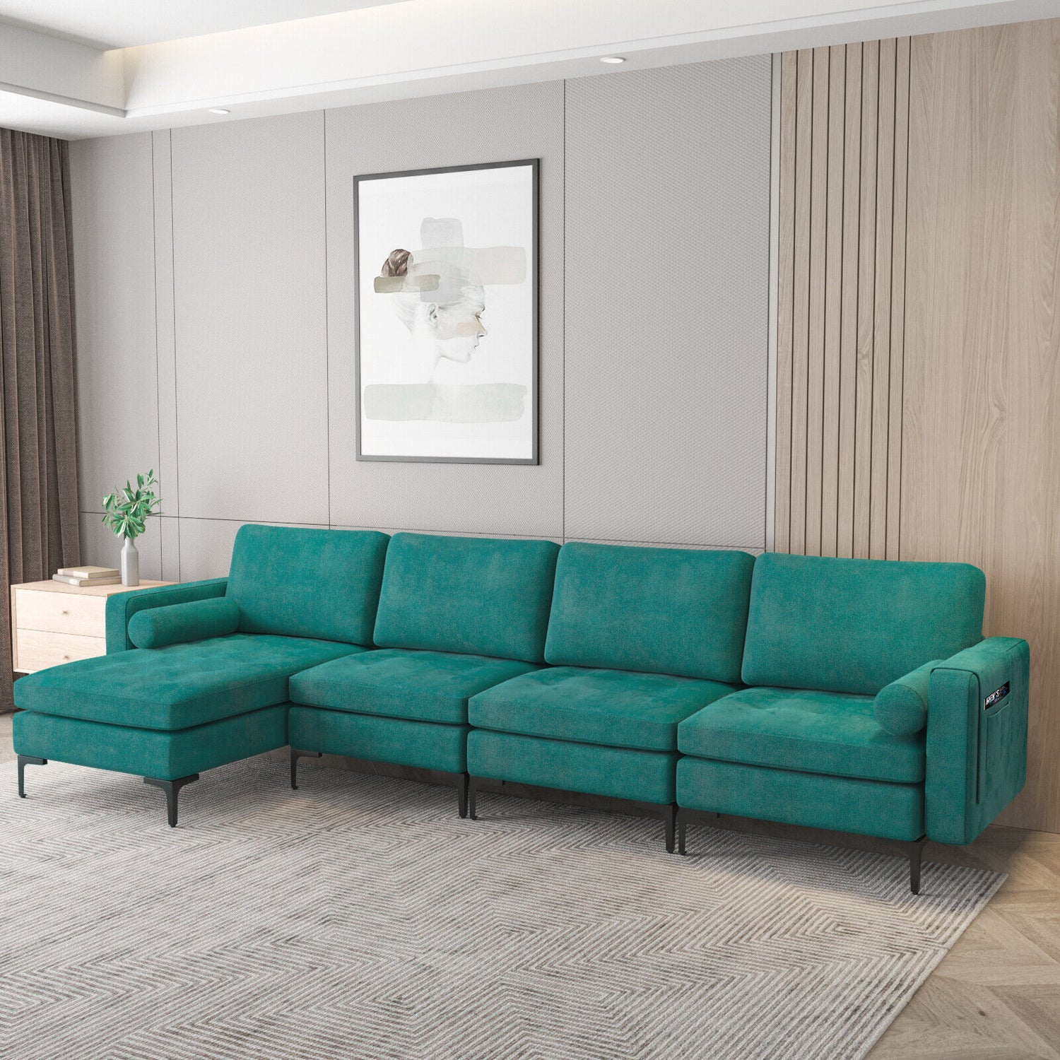 Modular L-shaped 4-Seat Sectional Sofa with Reversible Chaise and 2 USB Socket