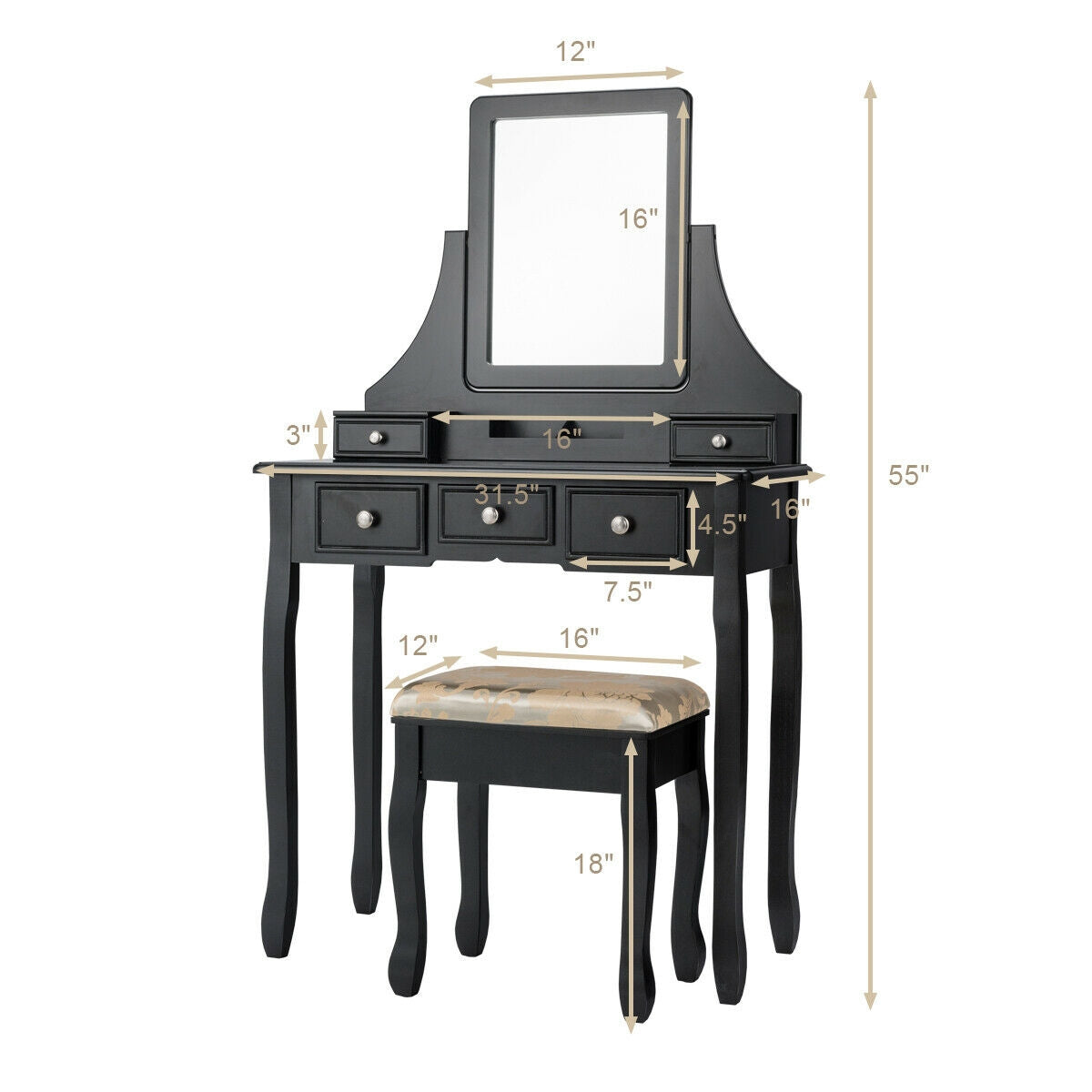 5 Drawers Removable Box Makeup Dressing Vanity Set