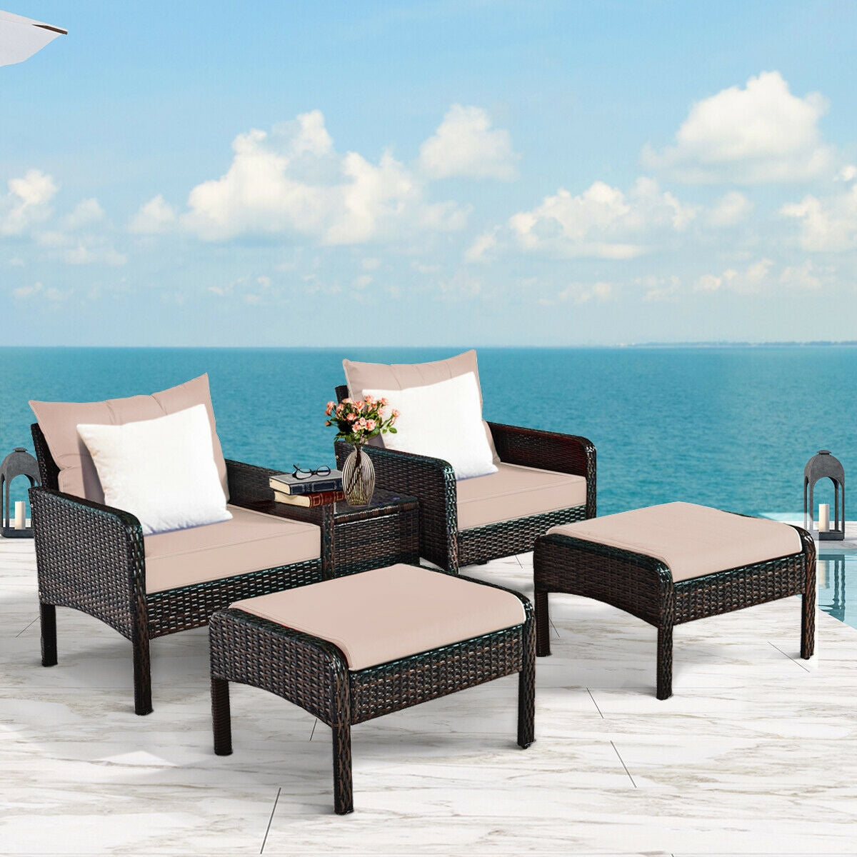 5 Pieces Patio Rattan Sofa Ottoman Furniture Set with Cushions
