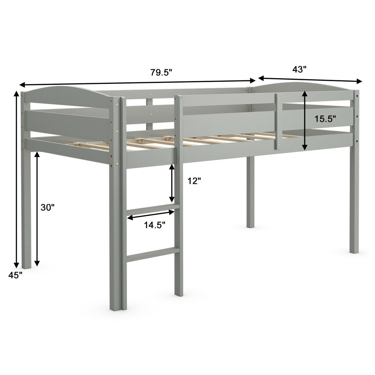 Wooden Twin Low Loft Bunk Bed with Guard Rail and Ladder