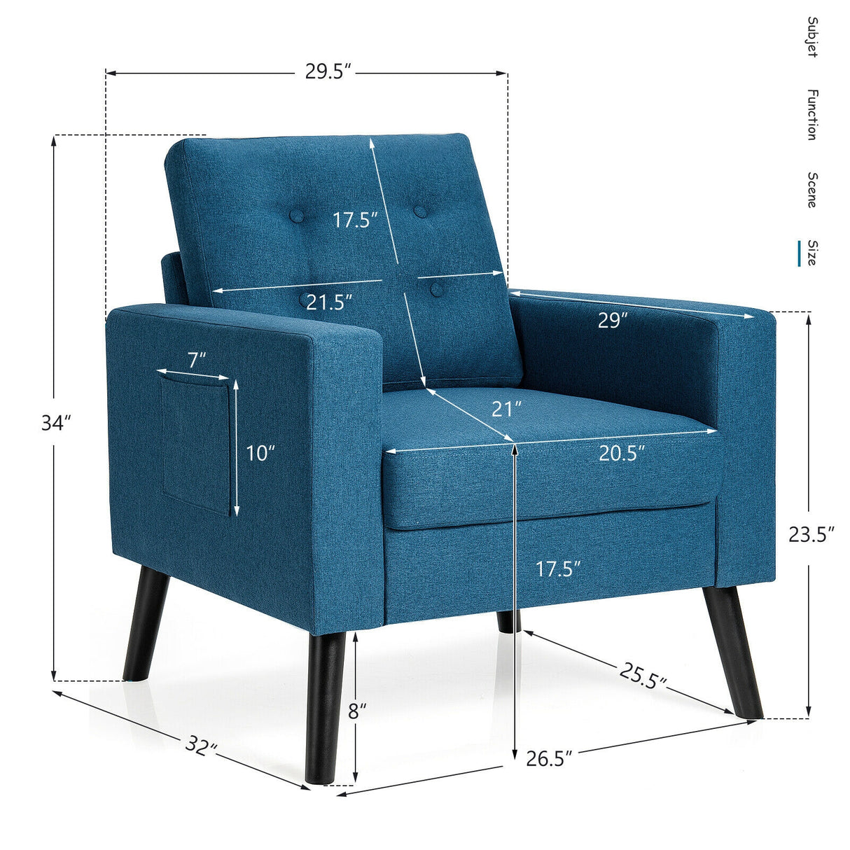 Mid-Century Upholstered Armchair Club Chair with Rubber Wood Legs