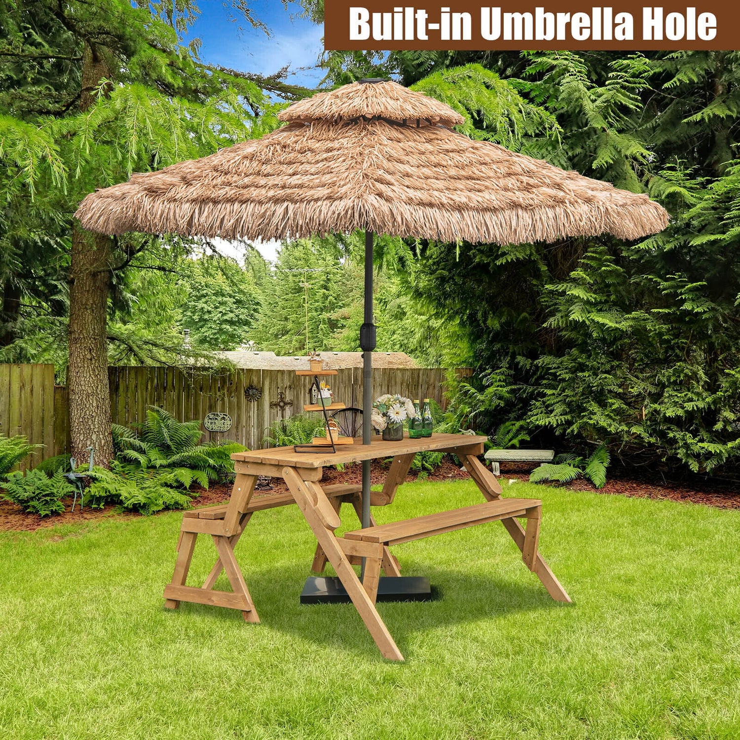 2-in-1 Transforming Interchangeable Wooden Picnic Table Bench with Umbrella Hole-Dark Brown