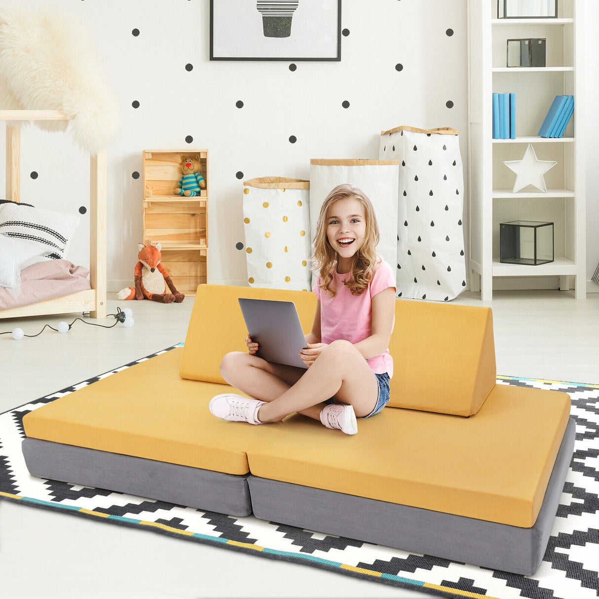 4-Piece Convertible Kids Couch Set with 2 Folding Mats