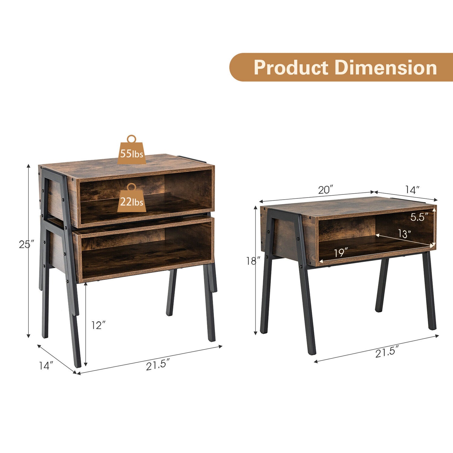 1 Piece Stackable Night Stand Shelf Accent Table with Metal Frame