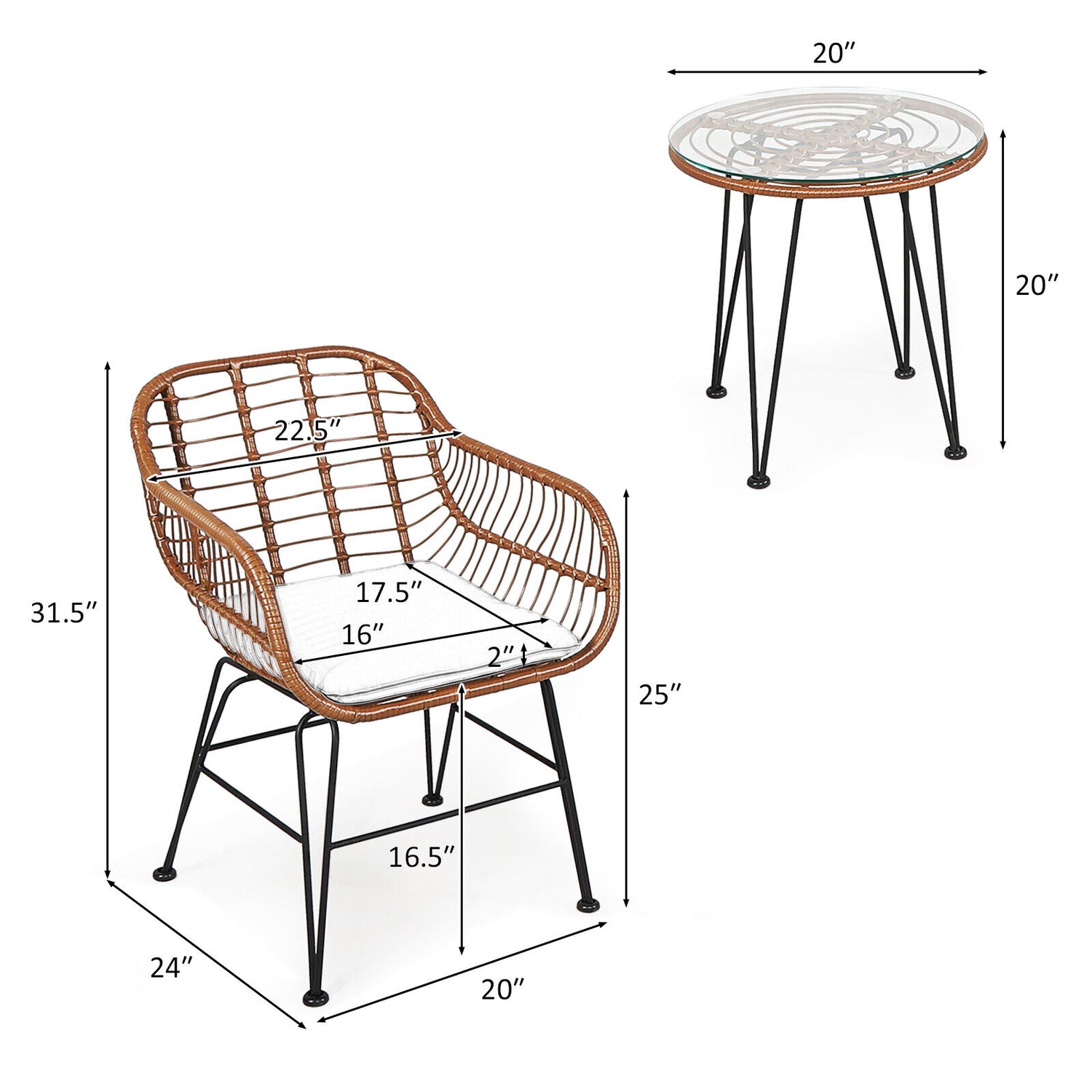 3 Pieces Patio Rattan Bistro Set with Cushion