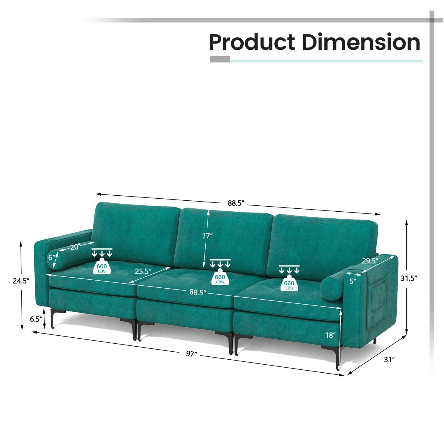 3-Seat Sofa Sectional with Side Storage Pocket and Metal Leg-3