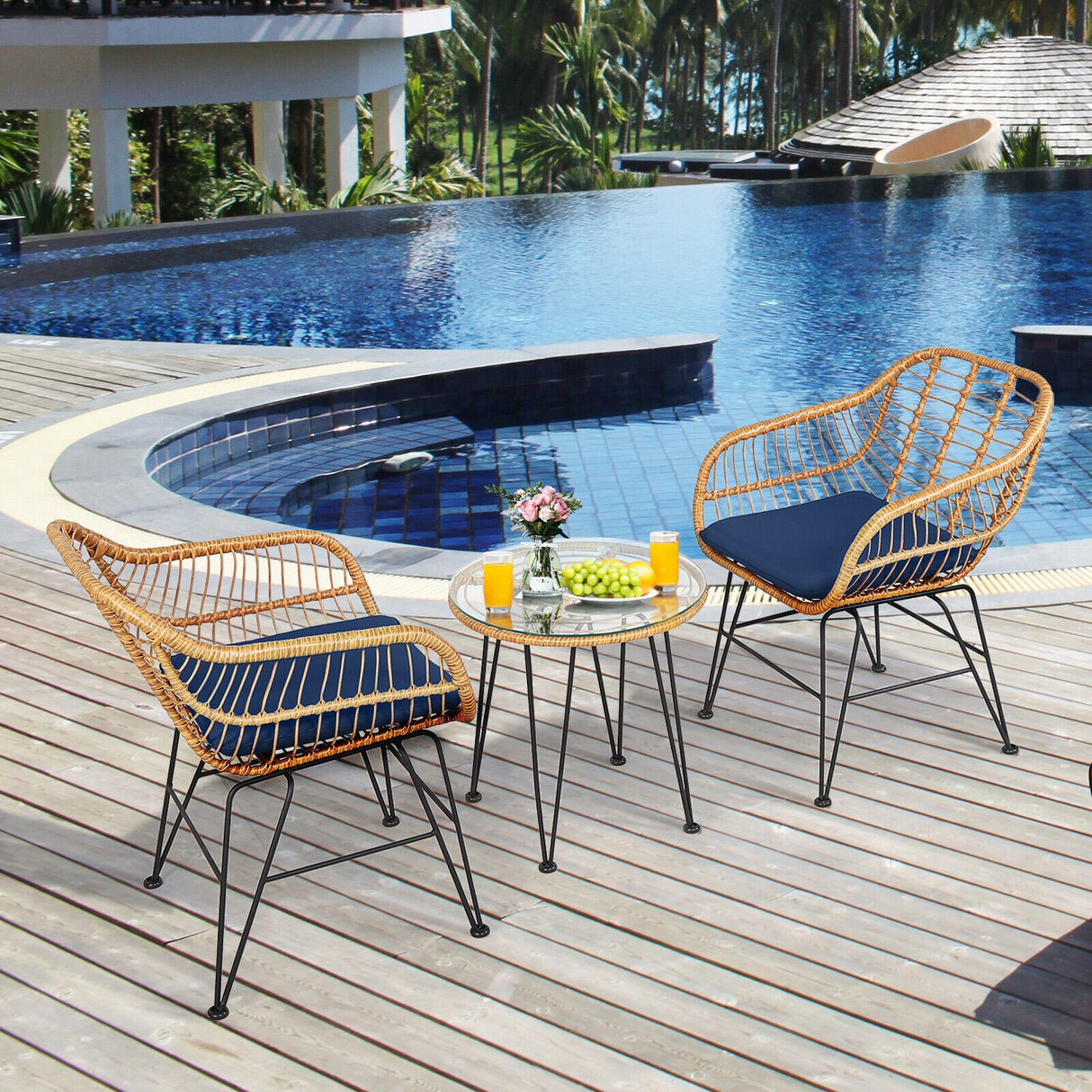 3 Pieces Rattan Furniture Set with Cushioned Chair Table