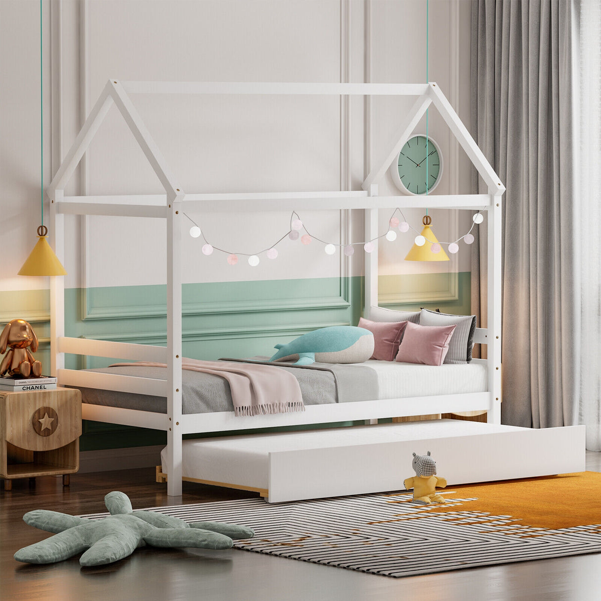 Kids Platform Bed Frame with Roof for Bedroom