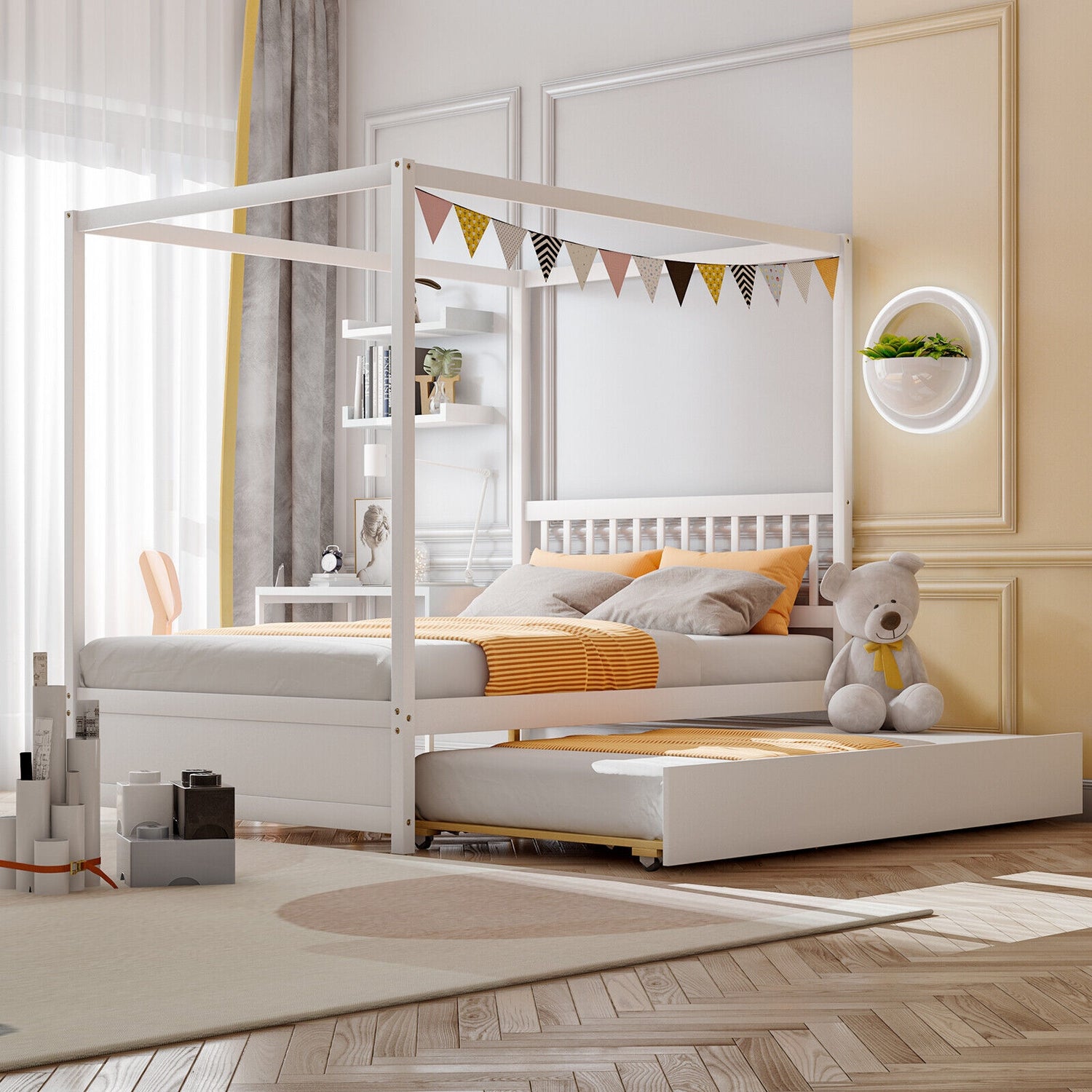 Full Size Canopy Bed with Trundle Wooden Platform Bed Frame Headboard-White