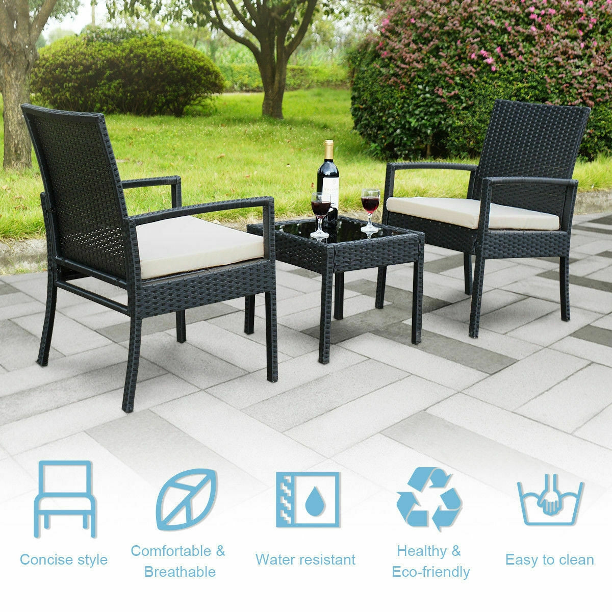 3 Pcs Outdoor Rattan Patio Conversation Furniture Set