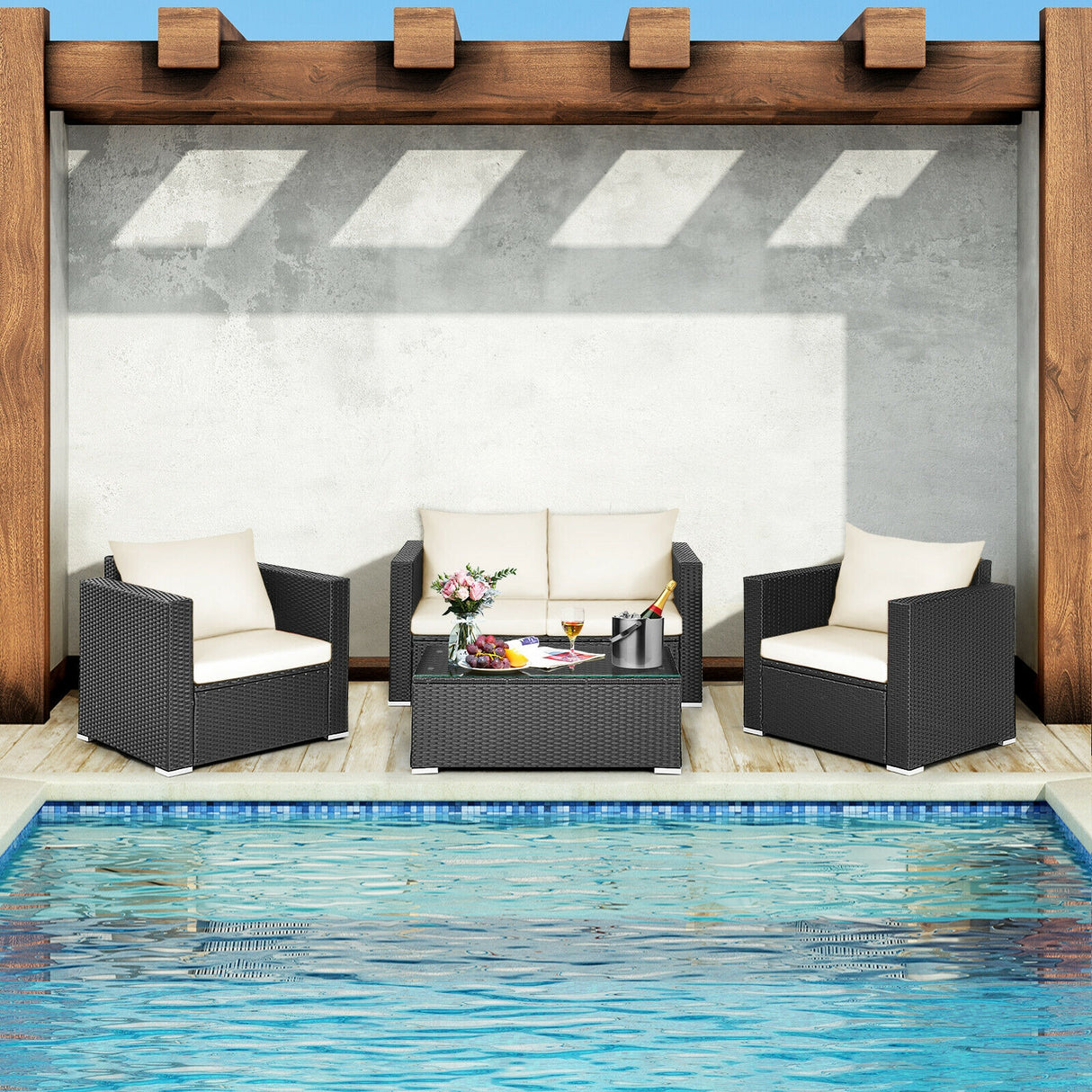 4 Pieces Patio Rattan Conversation Set with Cushions and Coffee Table