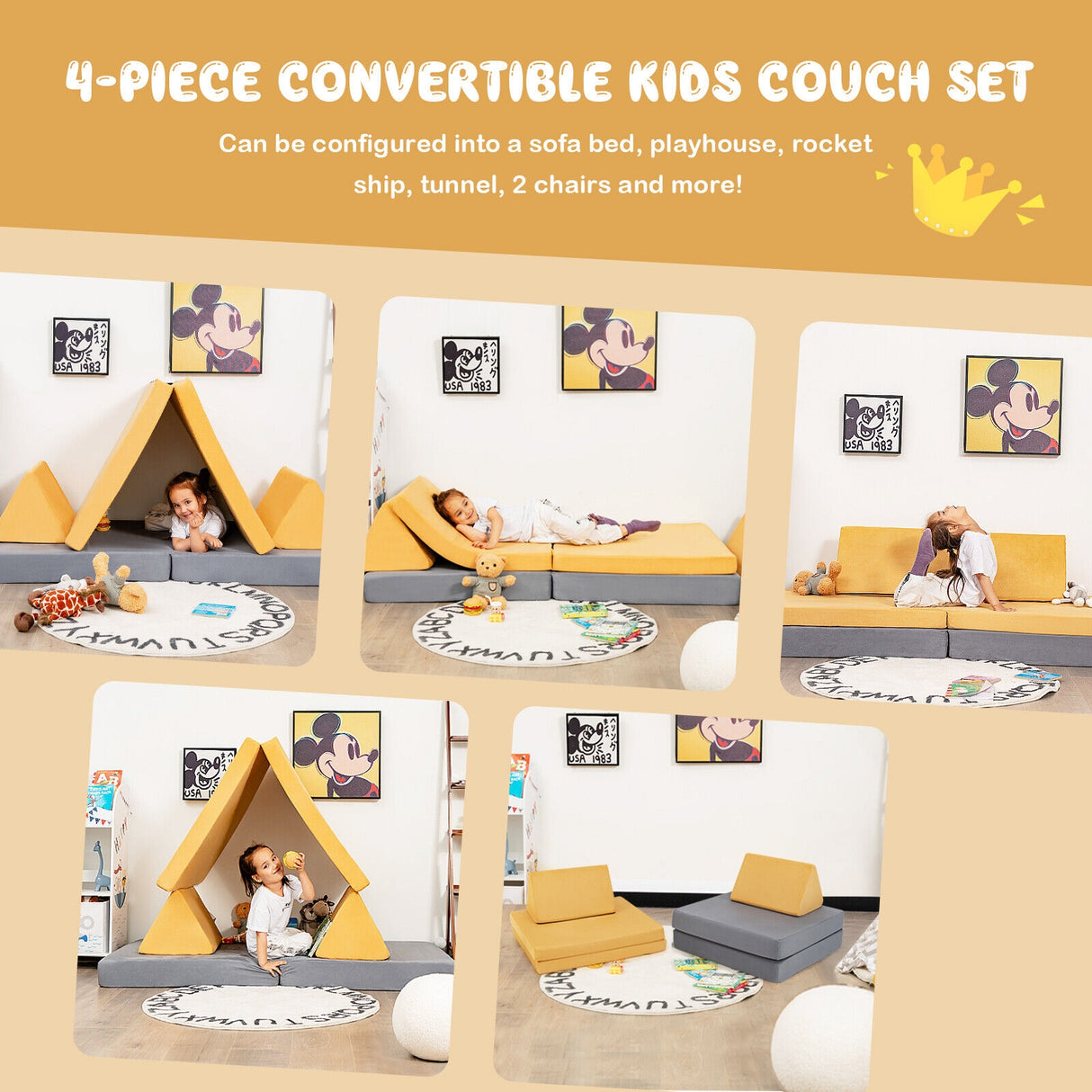 4-Piece Convertible Kids Couch Set with 2 Folding Mats