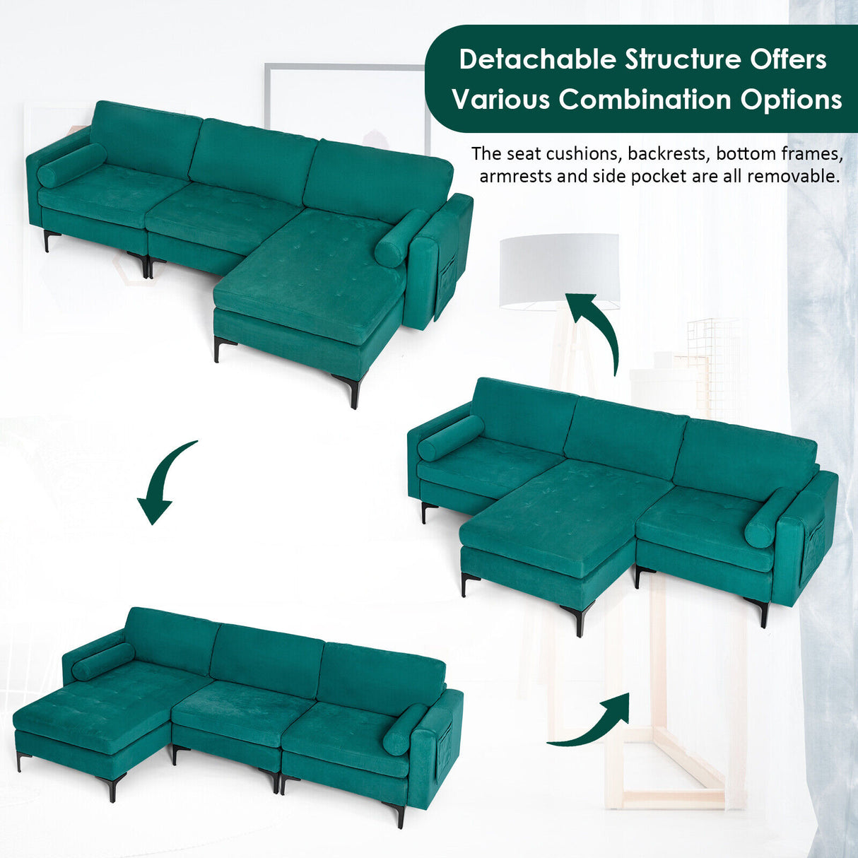 Modular 1/2/3/4-Seat L-Shaped Sectional Sofa Couch with Socket USB Port-3-Seat L