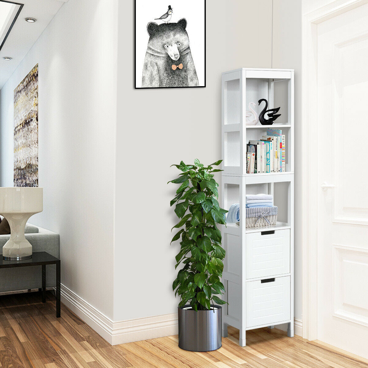 5-Tier Multifunctional Bathroom Floor Cabine Storage with 2 Drawers