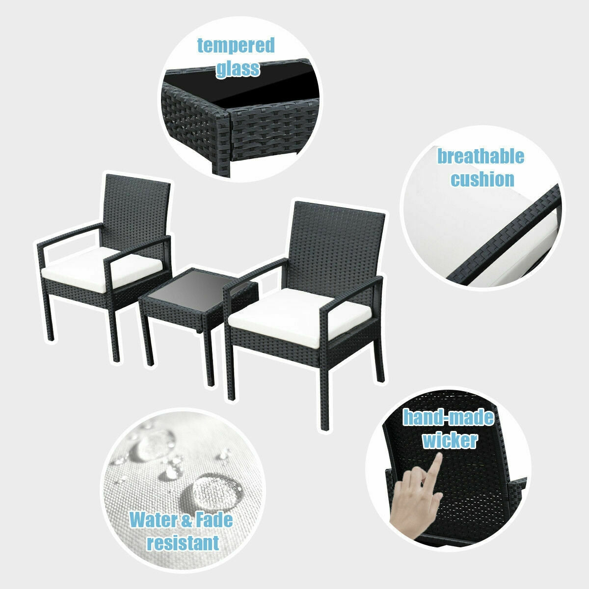 3 Pcs Outdoor Rattan Patio Conversation Furniture Set