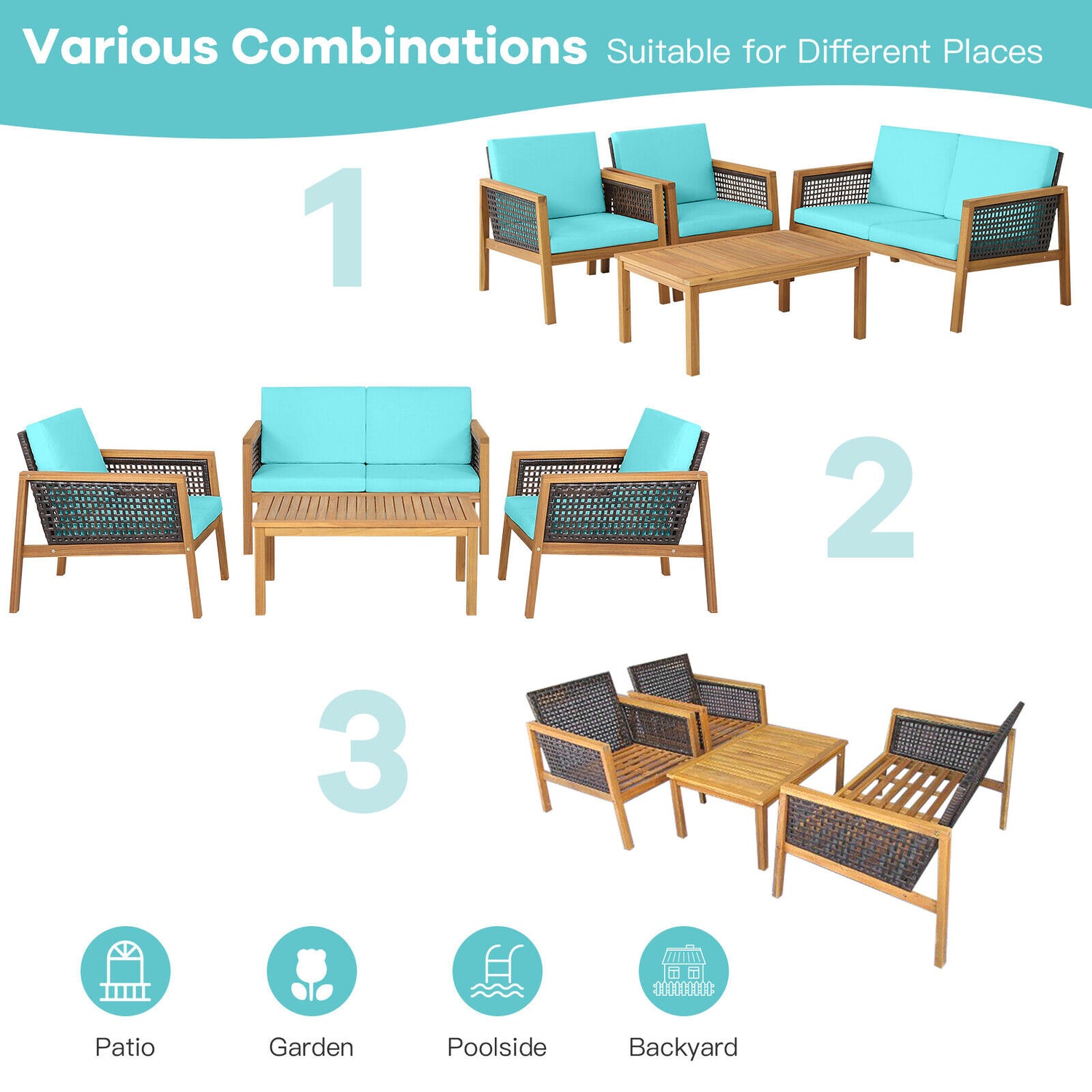4 Pieces Patio Rattan Furniture Set with Removable Cushions