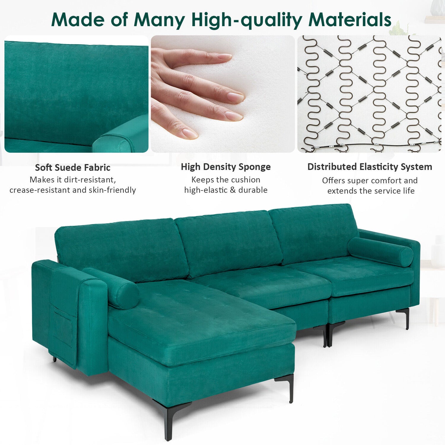 Modular 1/2/3/4-Seat L-Shaped Sectional Sofa Couch with Socket USB Port-3-Seat L
