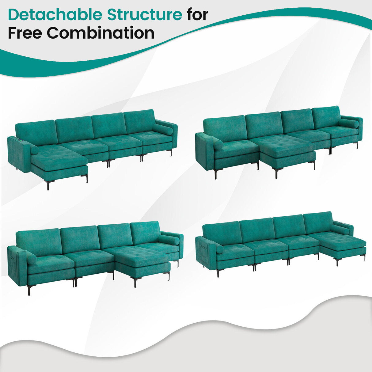 Modular L-shaped 4-Seat Sectional Sofa with Reversible Chaise and 2 USB Socket