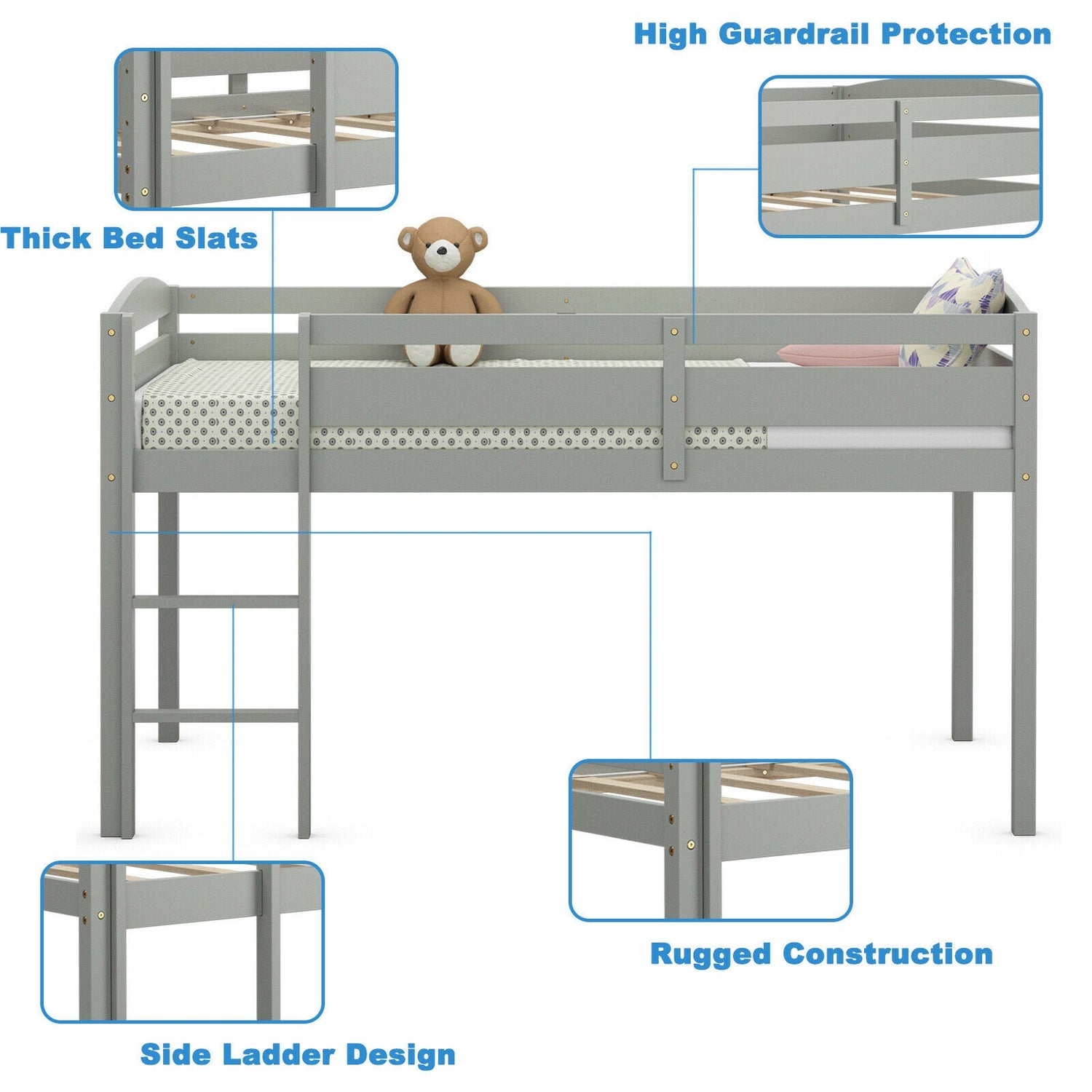 Wooden Twin Low Loft Bunk Bed with Guard Rail and Ladder
